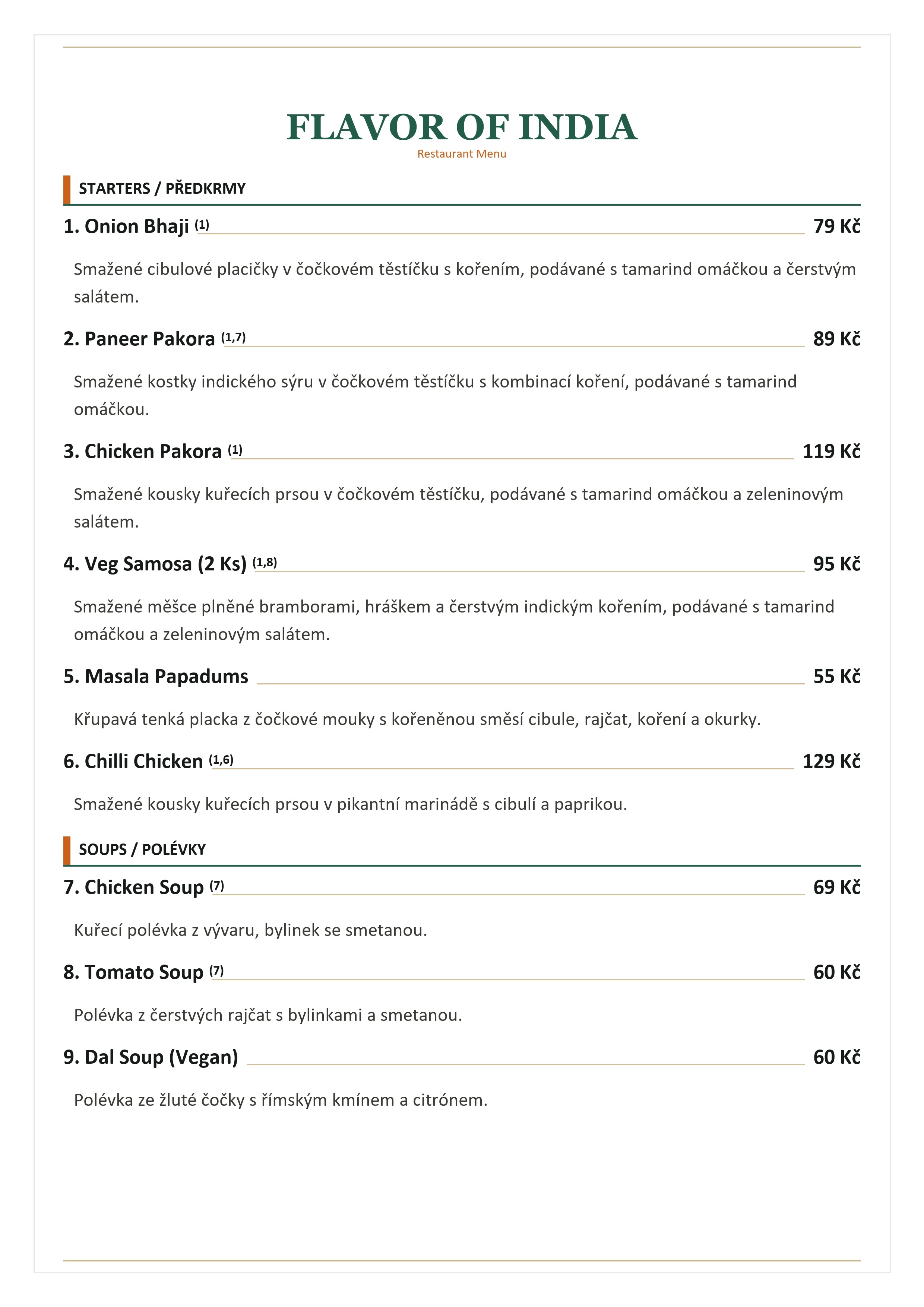 Flavor of India menu strana 1